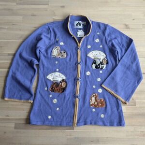 Storybook Knits Shih Tzu Pekingese Dog Cardigan Sweater Blue/ Purple Embroidered